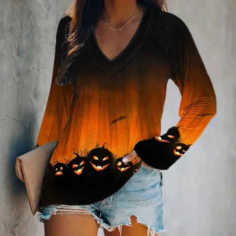 Halloween Pumpkin Bat Printed Casual V-Neck T-Shirt