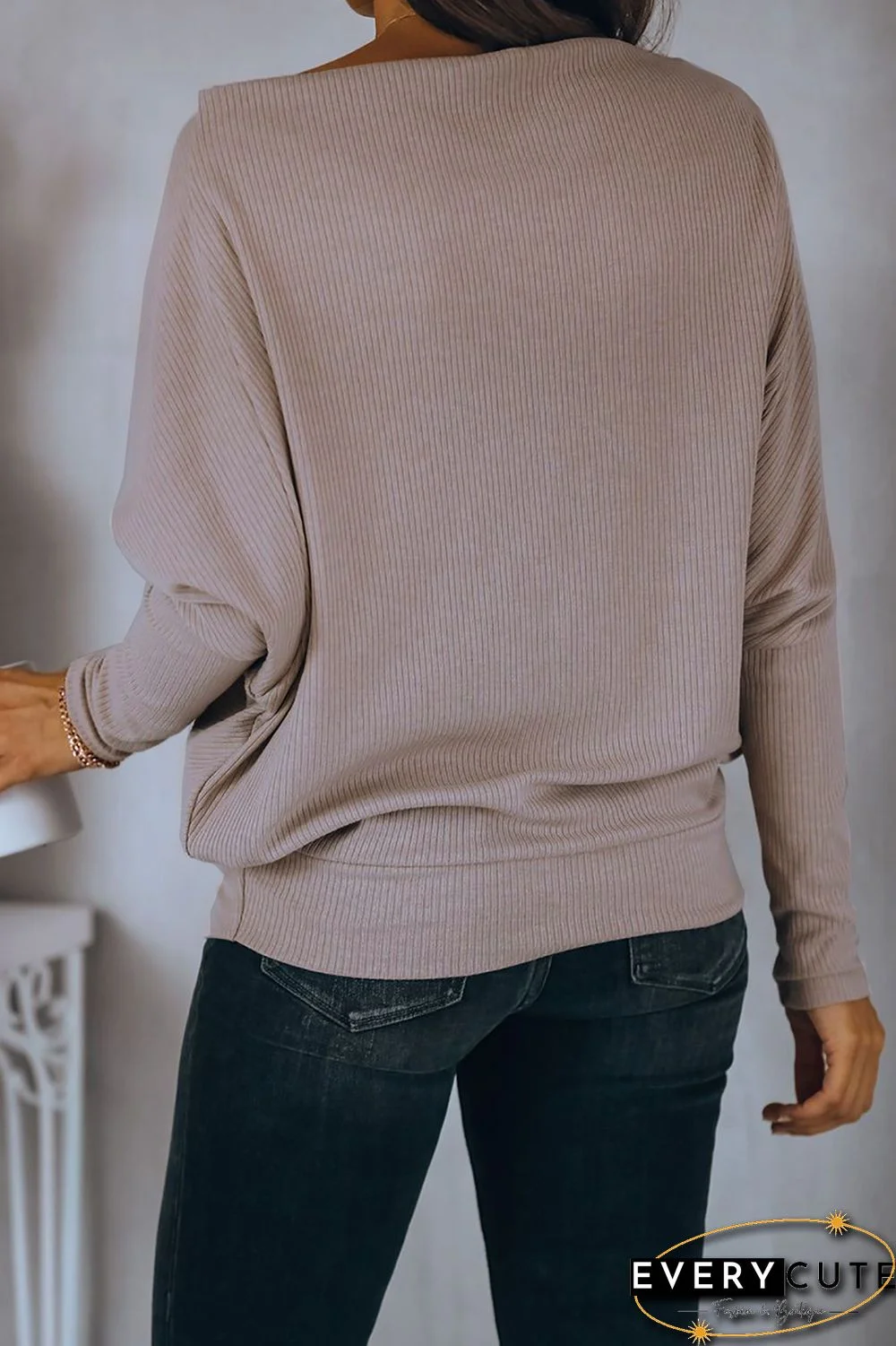 Off Shoulder Ribbed Texture Raglan Long Sleeve Top