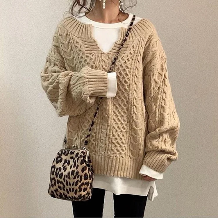 Casual Twist Texture V-Neck Sweater Top-mysite