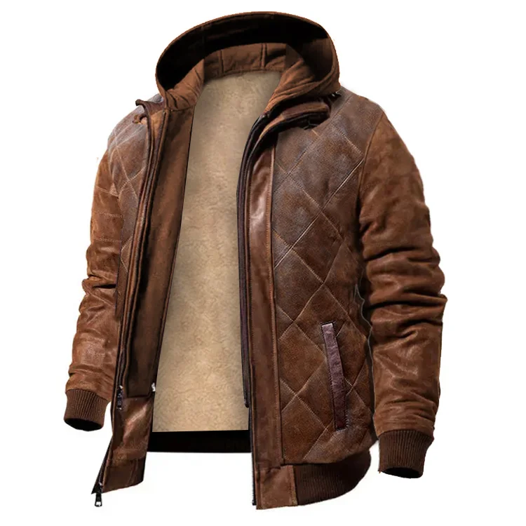 Mens Fleece Hoodie Leather Jacket Outdoor Cold-proof Motorcycle Leather Flight Jacket-barclient