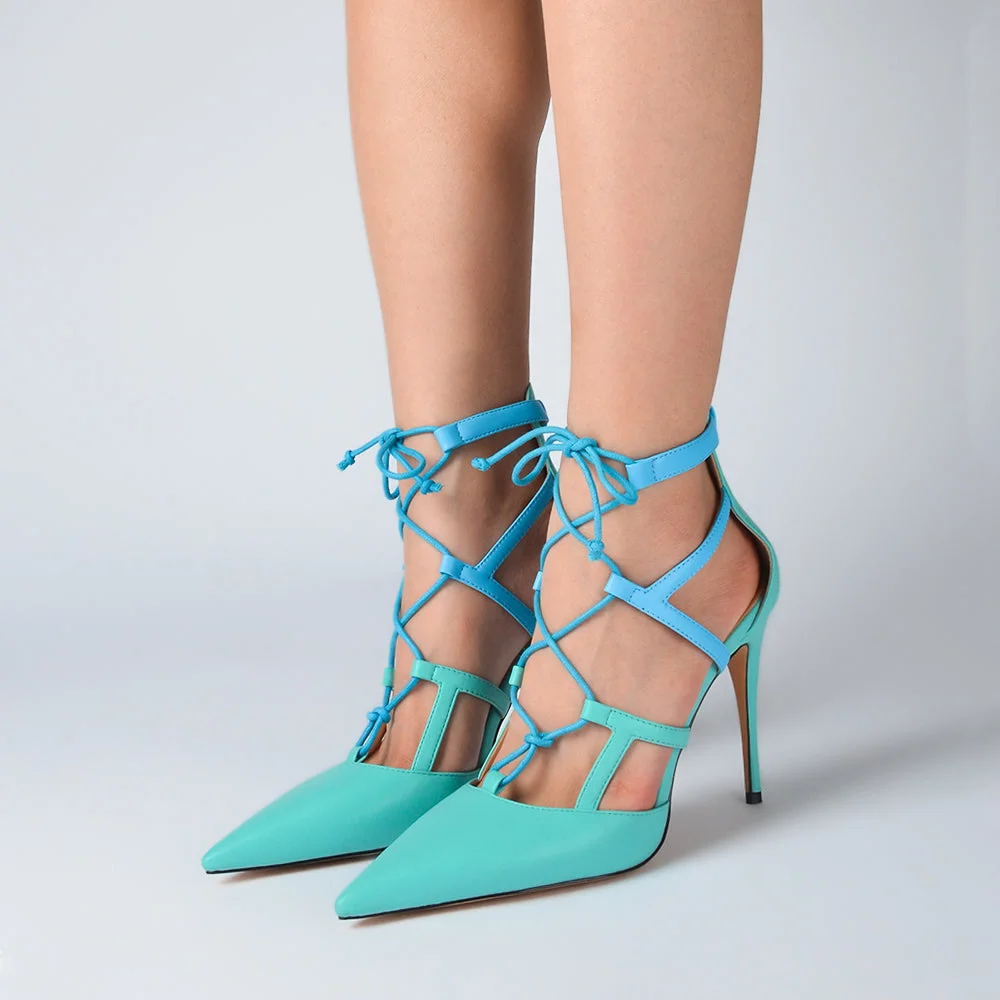 Light Blue Gladiator Stiletto Heels Pointed Toe Pumps