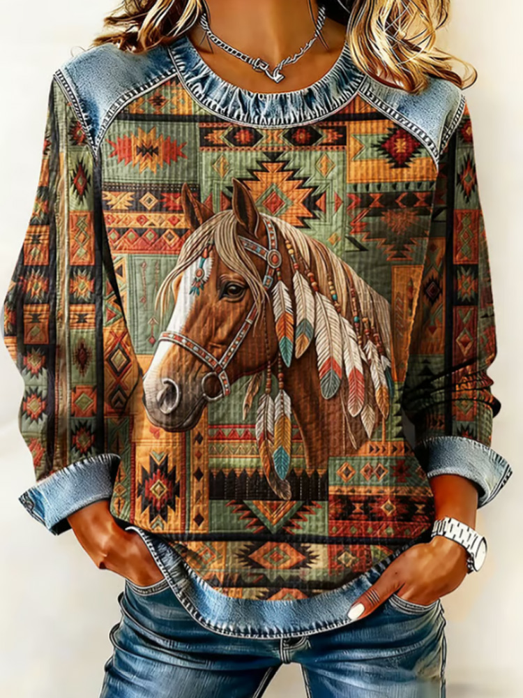 Women's Western Horse Print Crew Neck Sweatshirt wearshes
