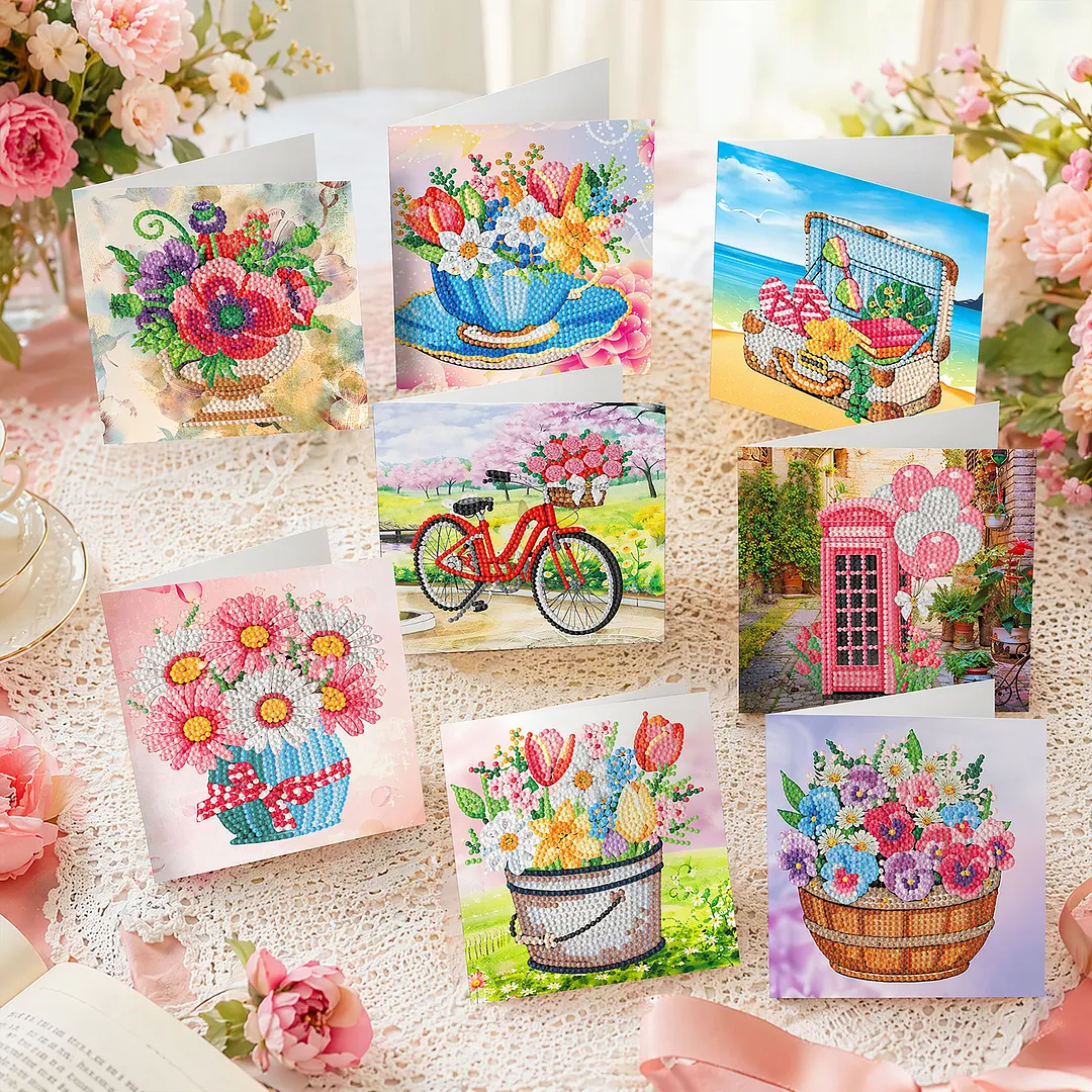 8PCS Garden DIY Diamond Painting Greeting Card Kits with Envelopes Diamond Art Greeting Cards Diamond Art Cards Kits for Adults DIY Crafts Family Friend Gifts
