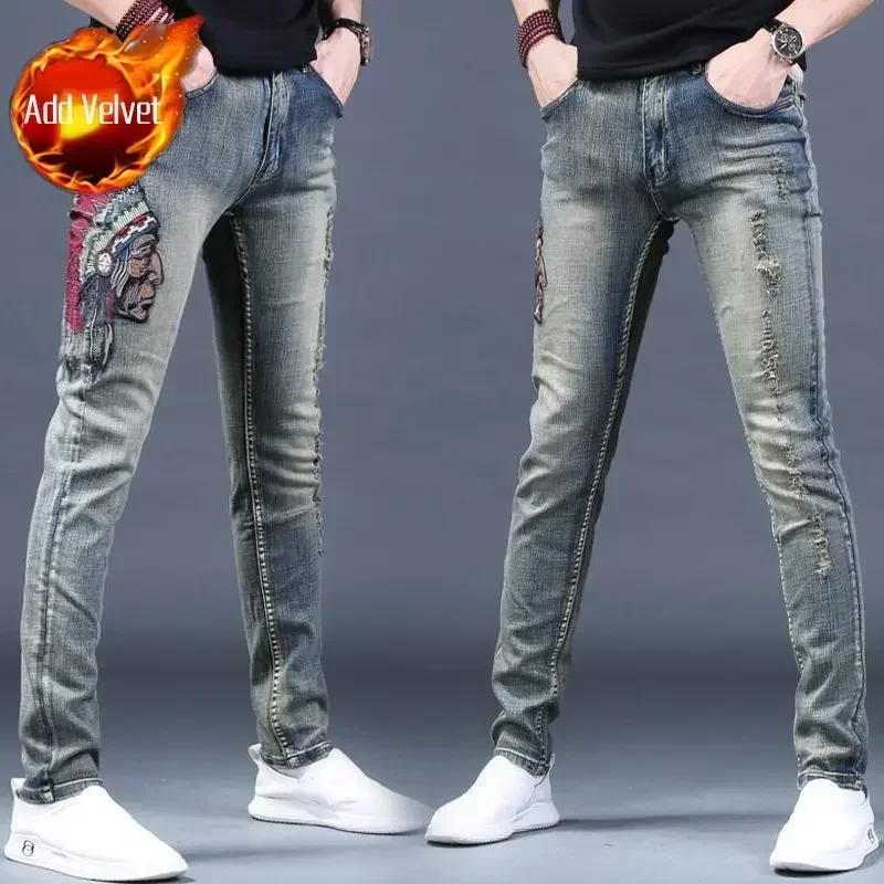 Tomroads Mens Ripped Jeans – Skinny Cowboy Pants with Graphic Embroidery for Streetwear  