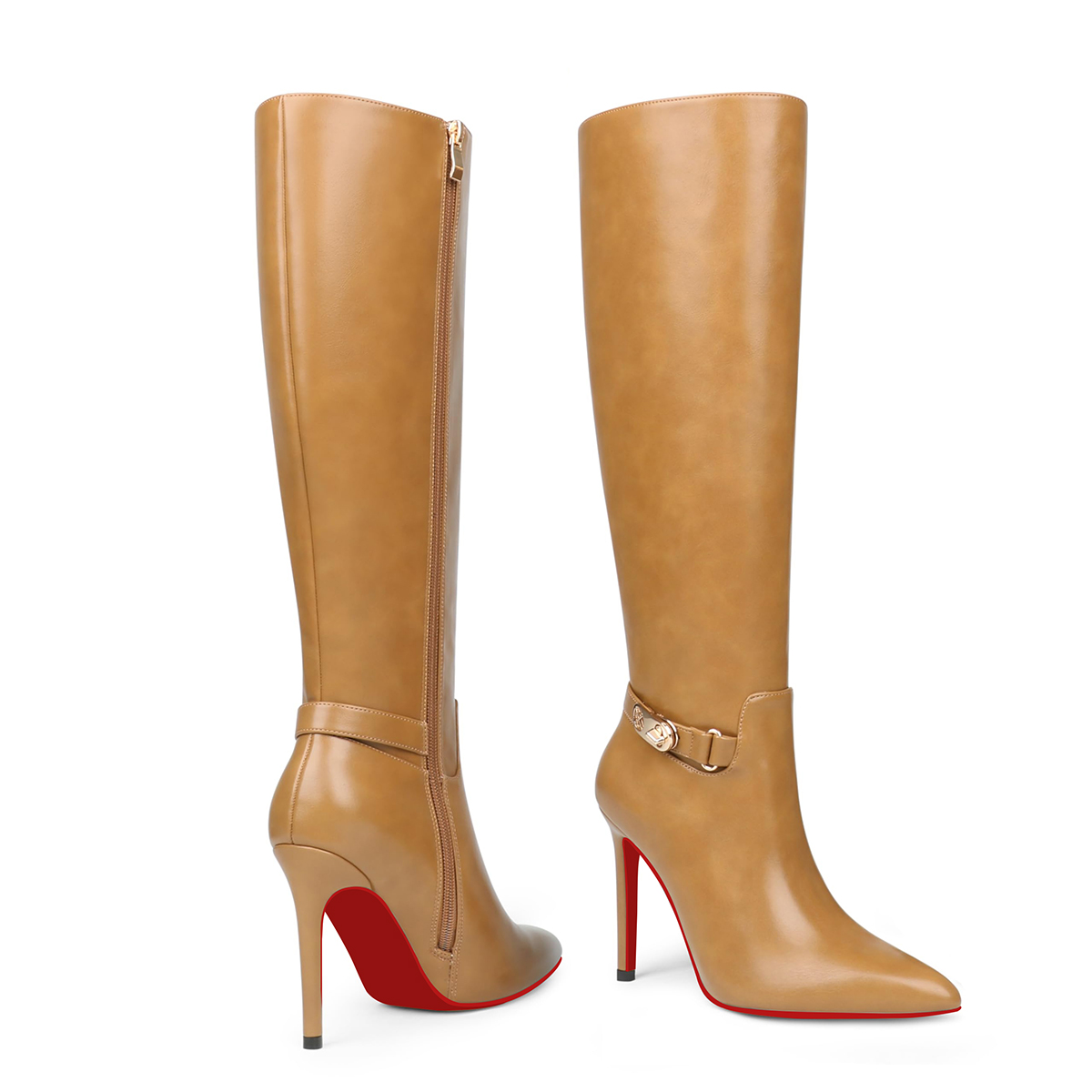 100mm Women's Fashion Zipper Leather High Heels Knee Boots Red Bottom Shoes-MERUMOTE