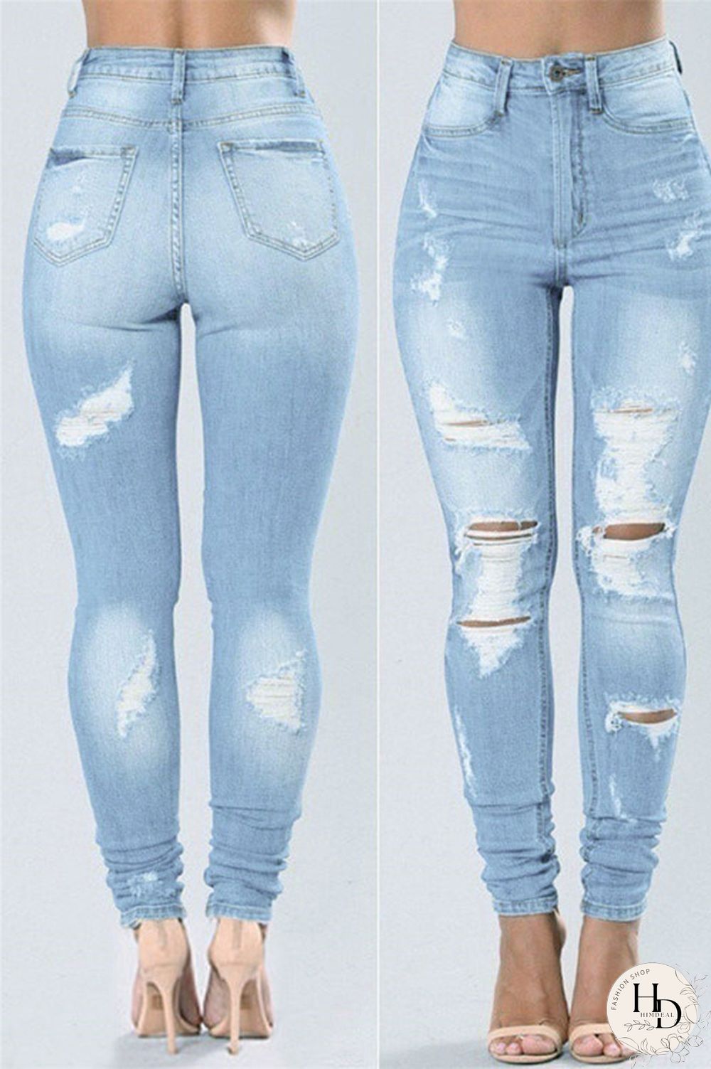 Dark Blue Denim Zipper Fly High Hole Old Zippered pencil Pants Bottoms