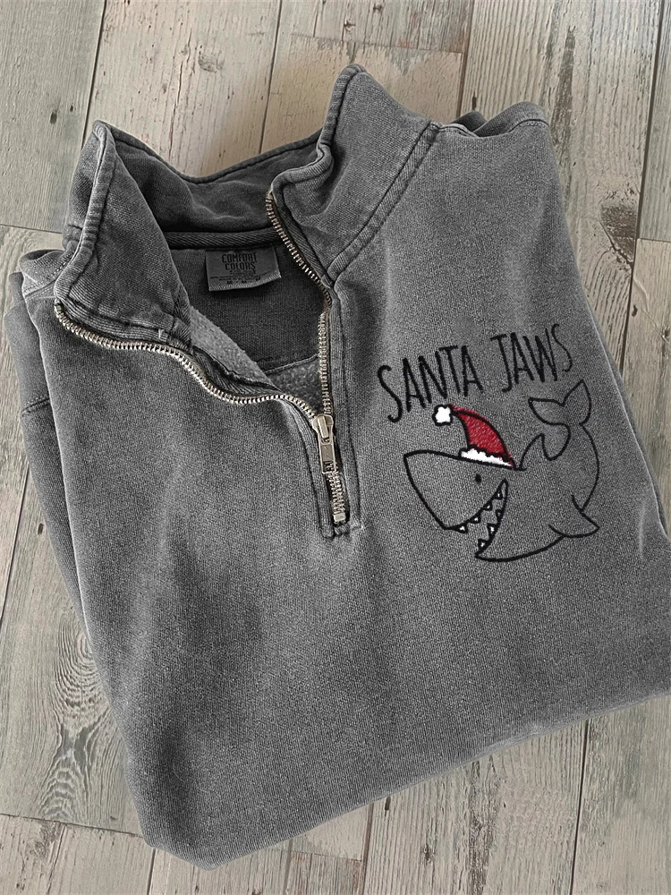 Christmas Shark Embroidery Art Zip Up Sweatshirt