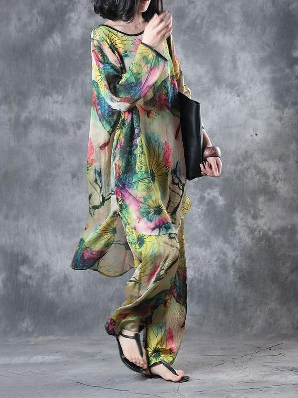 Green Casual Prints Silk Tops And Vintage Loose Wide Leg Pant Two Pieces ( Limited Stock)