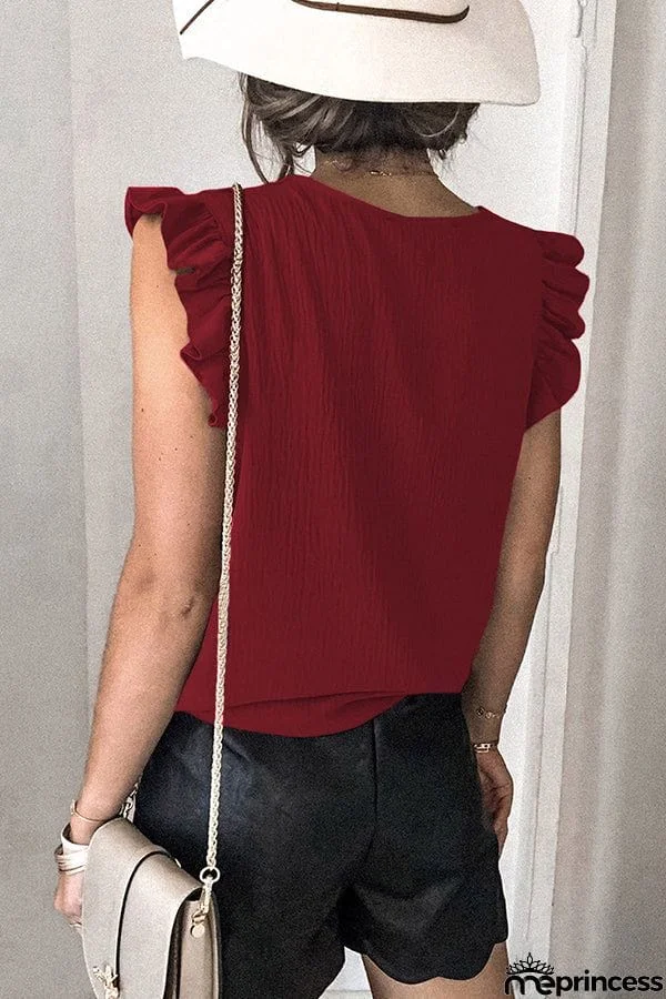 Casual T-shirt Solid V-neck Pullover Ruffle Sleeve Top