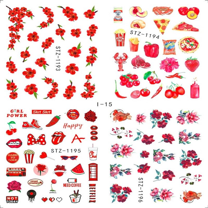 Nail Stickers Water Transfer Flowers Leafs Abstract Art Designs 4Pcs/Set Nail Decal Decoration Tips For Beauty Salons
