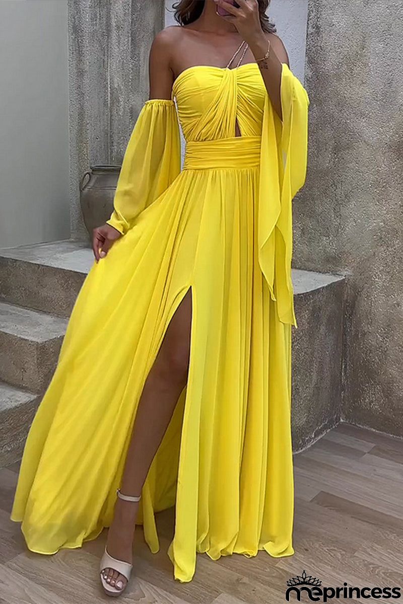 Elegant Solid Slit Asymmetrical Off the Shoulder A Line Dresses