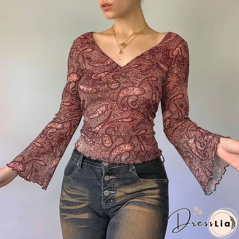 Print Top Retro Y2k Grunge Fairycore Neck Shirt Flared Long Sleeve Pullovers Women Autumn