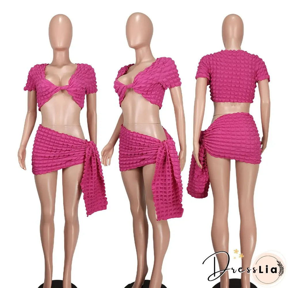 Short Sleeve Crop Tops Lace Up Skirts Two Piece Set