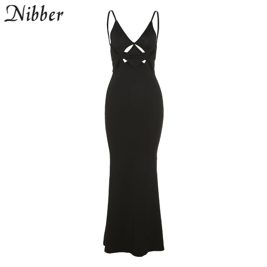 Nibber Fashion Long Evening Dress Suspenders Sleeveless Hollow Sexy Low-Cut Slim Elegant Retro Style Beautiful Women Party Wear