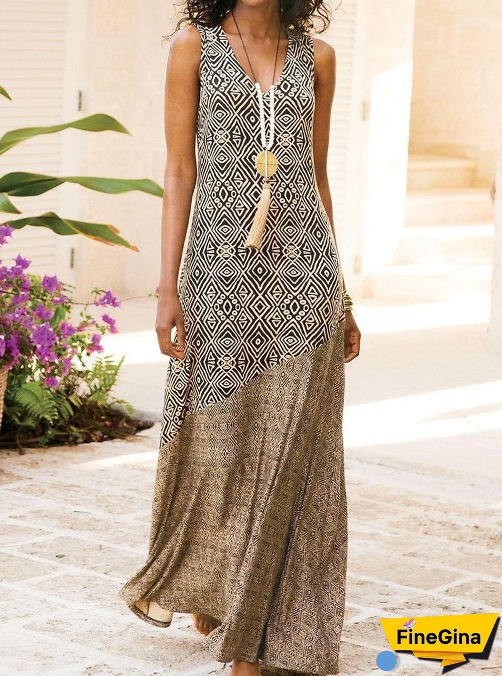 Bohemian Holiday Dress Sleeveless Stitching Printed Dress