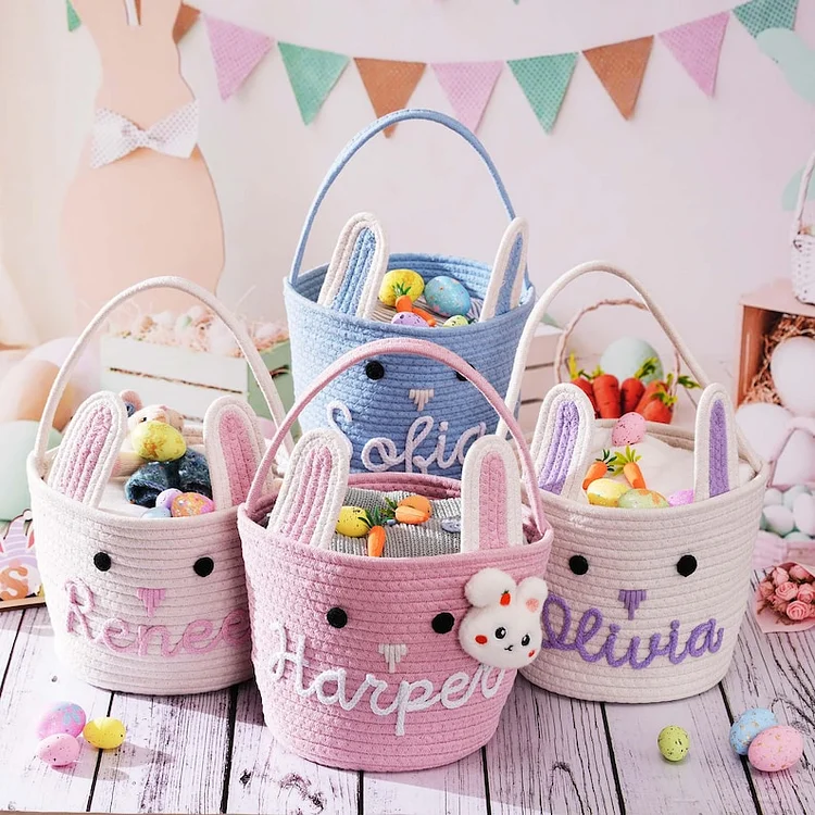 Easter Basket For Kids Personalized Bunny Baskets Baby Shower Gift, Custom Cotton Rope Egg Hunt Keepsake
