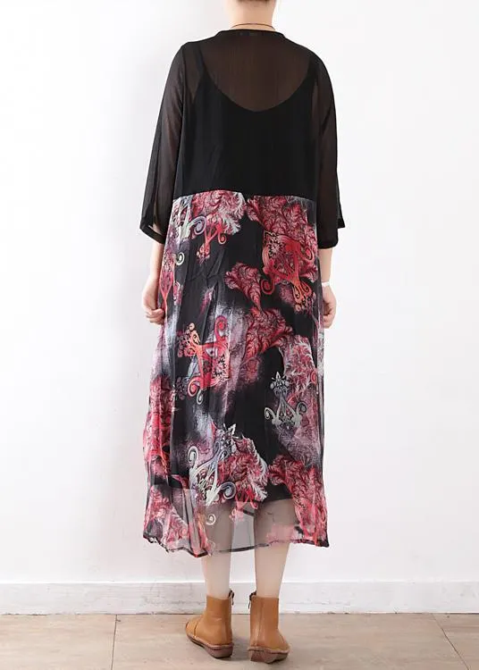 Women black chiffon cardigan For Women 2019 Fabrics patchwork prints Maxi summer Dress