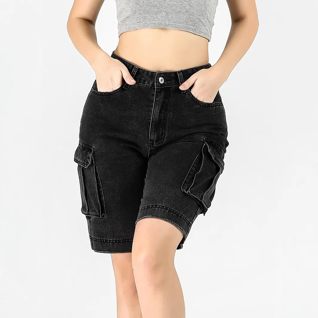 Mid-Rise Washed Straight Cargo Denim Five-Point Shorts
