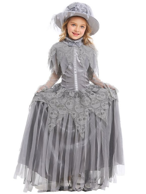 Carnival Costume For Kids Deep Gray Corpse Bride Tulle Dress with Hat Novameme