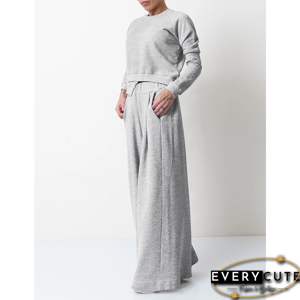 Light Gray Irregular Sweatshirt with Wide Leg Casual Pant Set