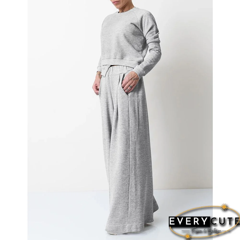 Light Gray Irregular Sweatshirt with Wide Leg Casual Pant Set