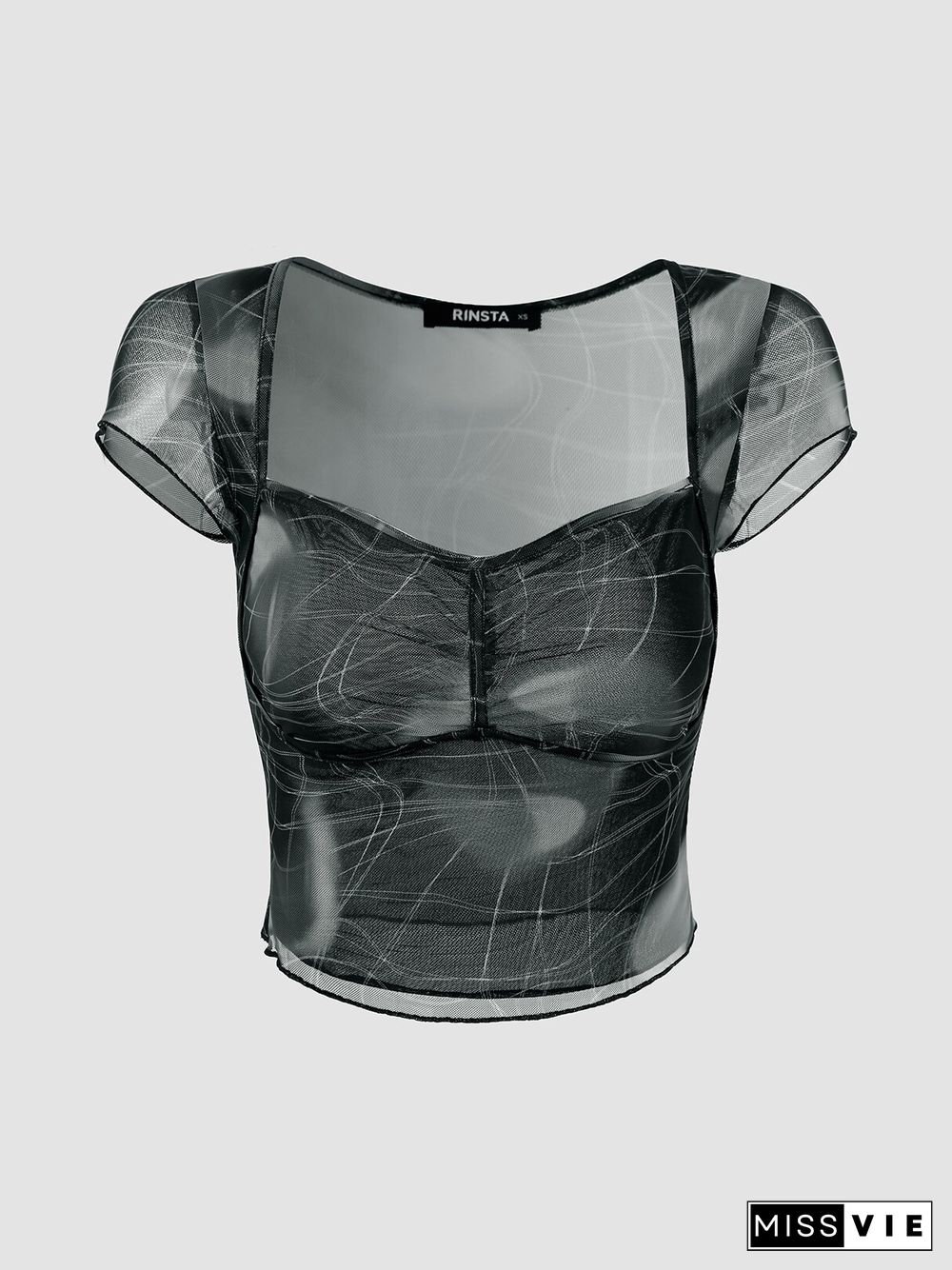 Print Lettuce Trim Short Sleeve Sqaure Collar Crop Top