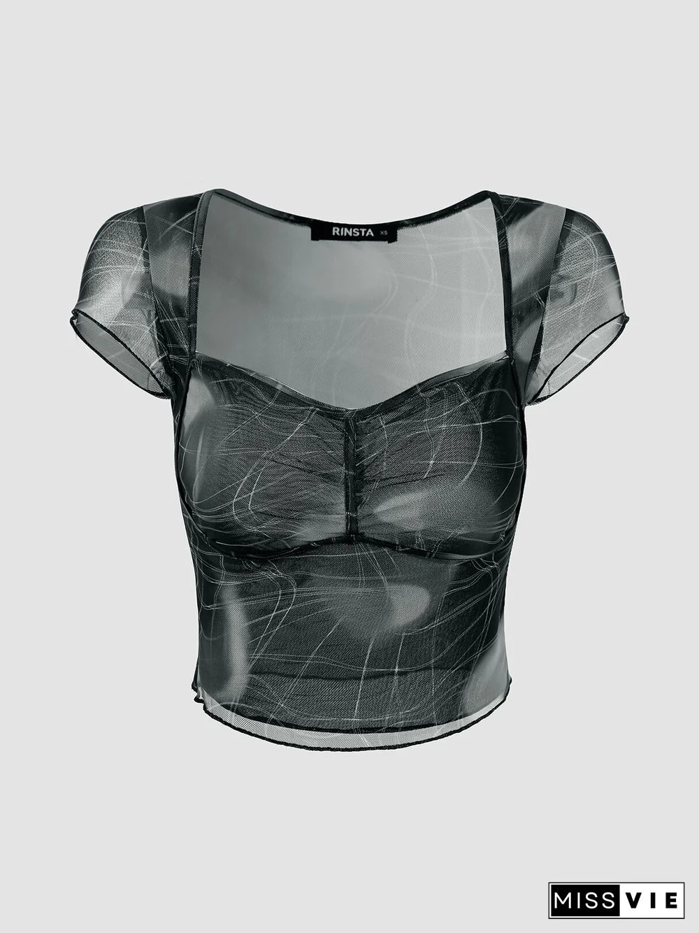 Print Lettuce Trim Short Sleeve Sqaure Collar Crop Top