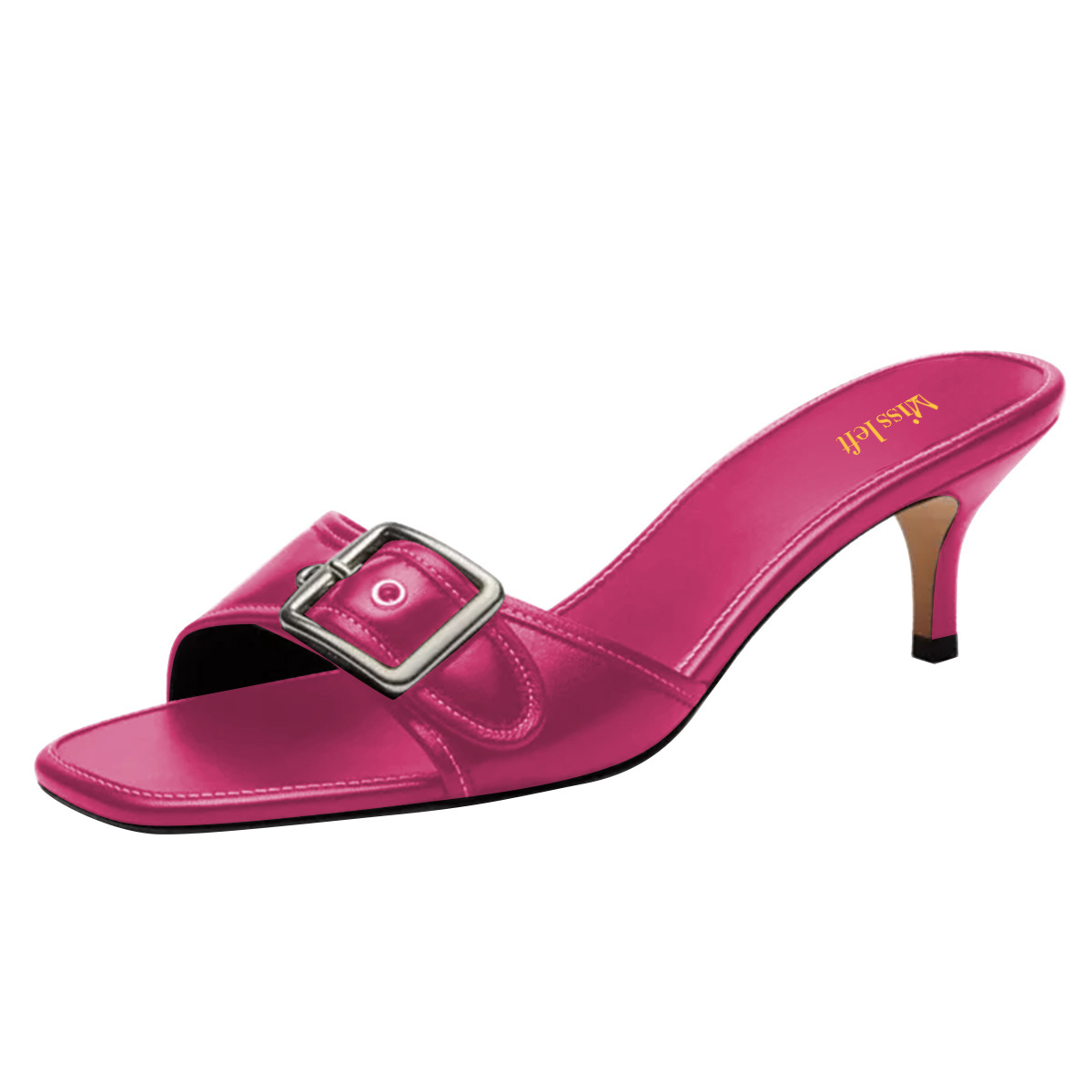 Fuchsia Square Toe Kitten Heel Buckle Mule Shoes for Women Nicepairs