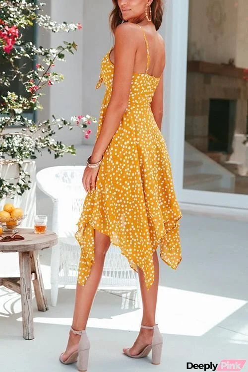 Dot Print Knot Spaghetti Strap Dress