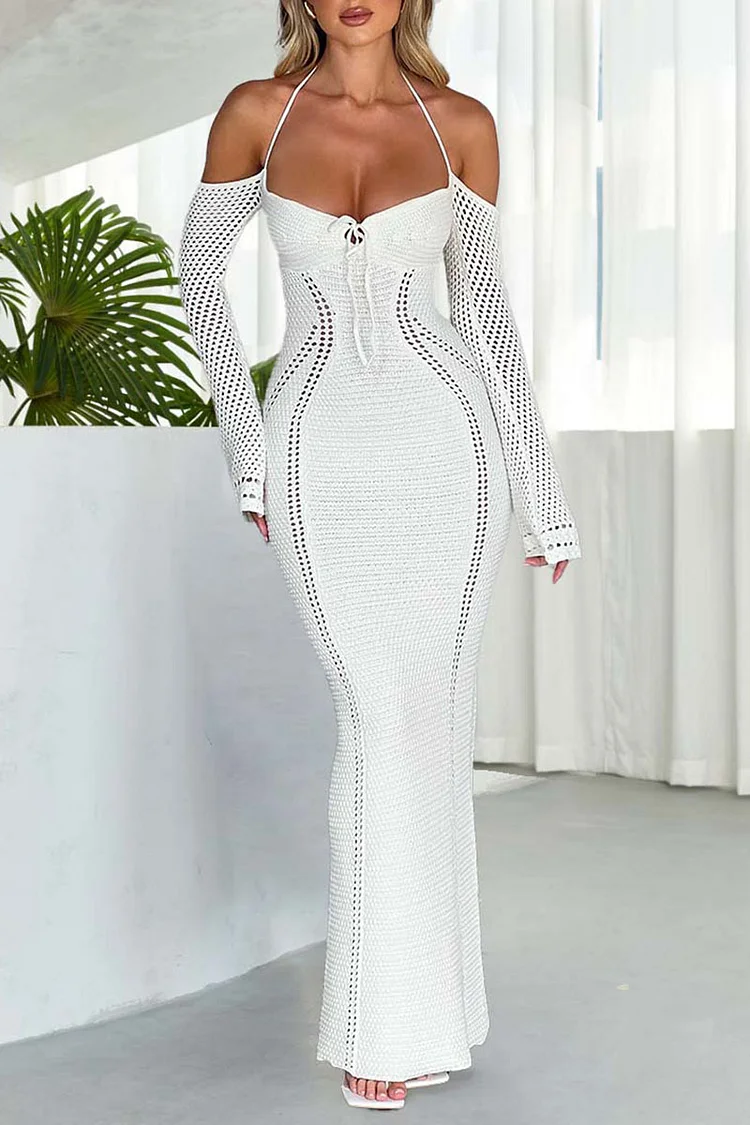 Off Shoulder White Crochet Long Sleeve Backless Maxi Dresses [Pre Order]
