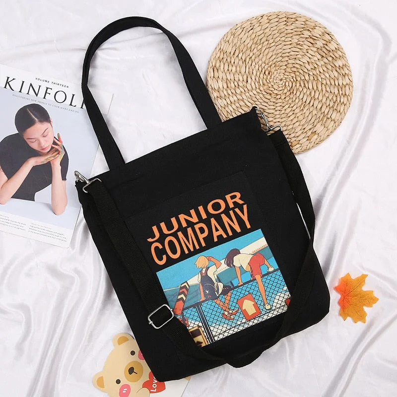 Women Shoulder Bags 2021 Canvas Tote Bags With Zipper Girl Fashion Casual Shopper Handbags Cartoon Anime Printing Crossbody Bags