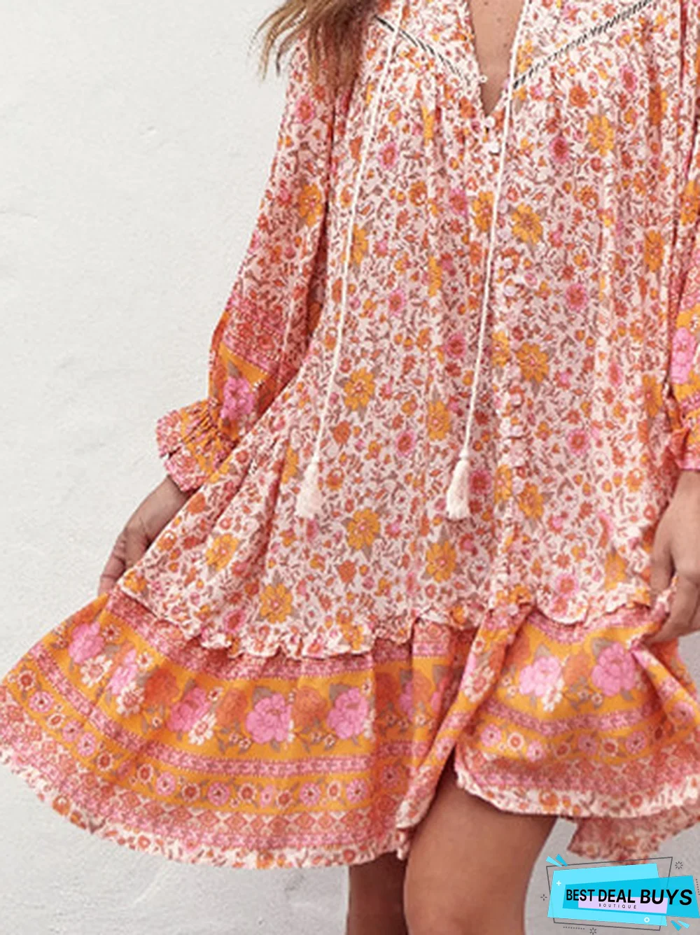 Patchwork Lace Ethnic Floral Printed Vacation Loose Dress