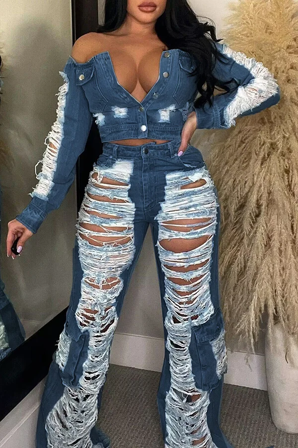 Casual Ripped High Rise Straight Jeans