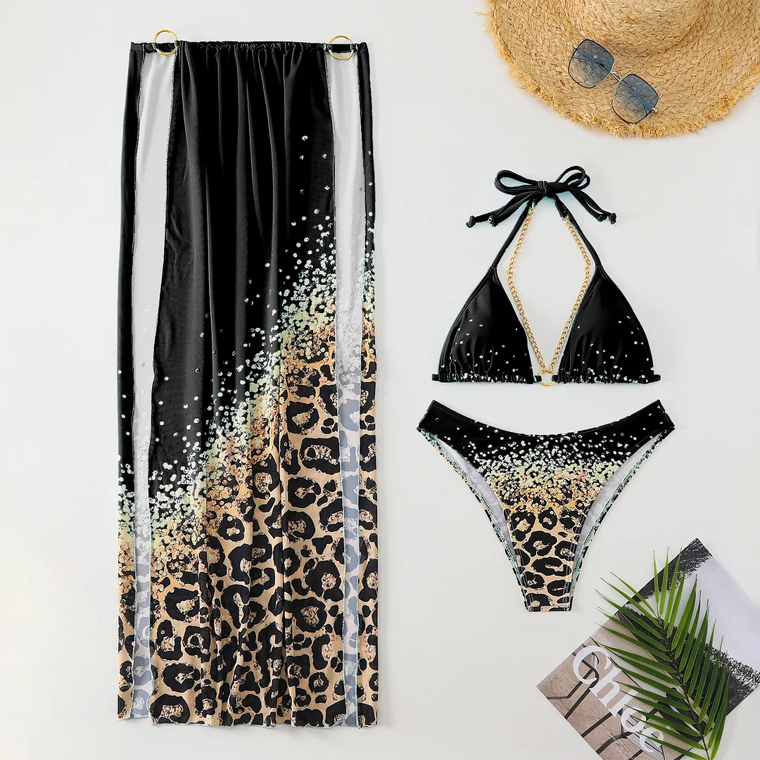 Uveng 2024 New Fixed-Print Leopard Print Three-Piece Mesh Dress Bikini