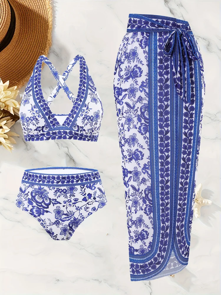 One-Piece Three-Piece Set Slimming Swimsuit Blue And White Porcelain Print Swimsuit For Women