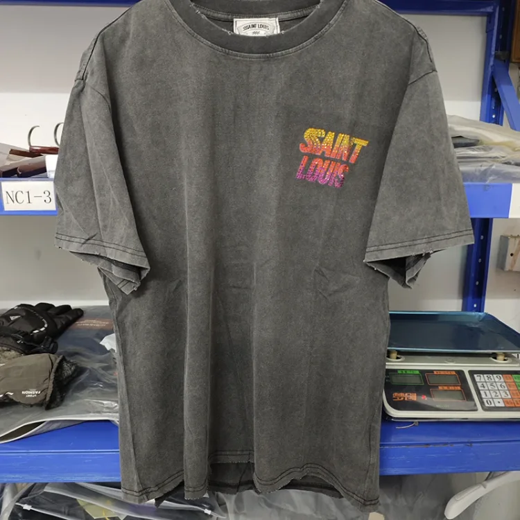 Greeceaw Saint Louis Vintage Washed and Distressed Glitter Diamond Distressed Trendy Men's Casual Loose T-shirt Short Sleeved Tee