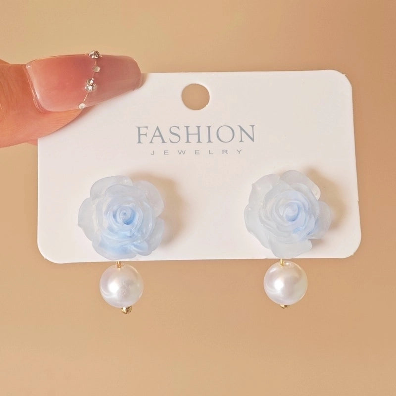 3 Pieces Sweet Heart Shape Rose Flower Inlay Imitation Pearl Alloy Rhinestones Earrings