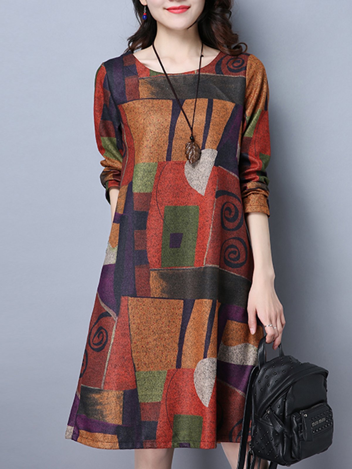 Orange Casual Abstract A-line Plus Size Print Dress