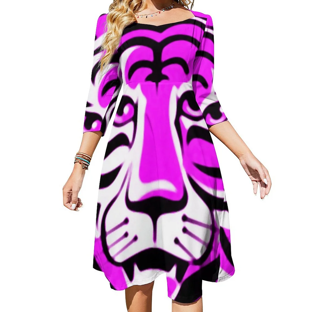 Cartoon Fantasy Purple Tiger Animal Dress Sweetheart Tie Back Flared 3/4 Sleeve Midi Dresses