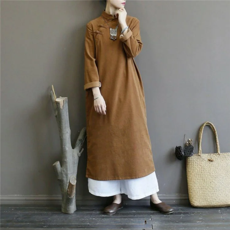 Women spring cotton stand collar outfit Work Outfits khaki Maxi Dresses