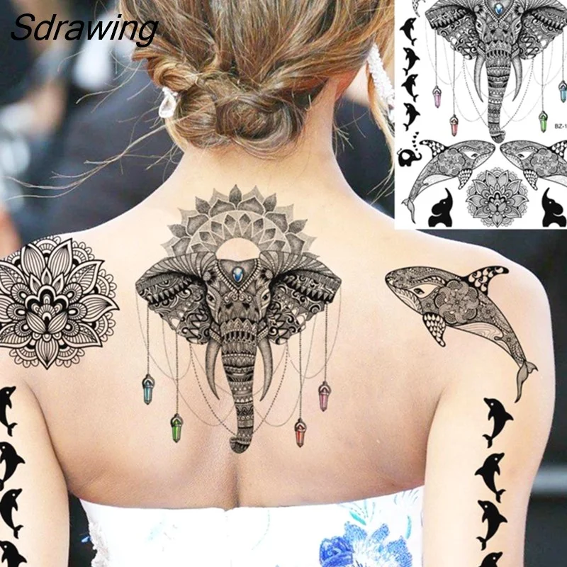 Sdrawing Henna Temporary Tattoos For Women Girls Feather Butterfly DreamCatcher Fake Gem Tattoo Sticker Chest Arm Tatoos Tribal 328-1