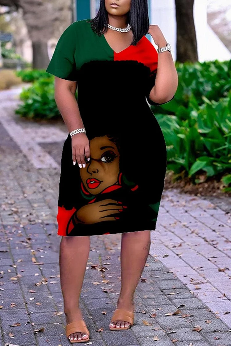Plus Size V Neck Short Sleeve Cute Black Girl Print Mini Dress-Red