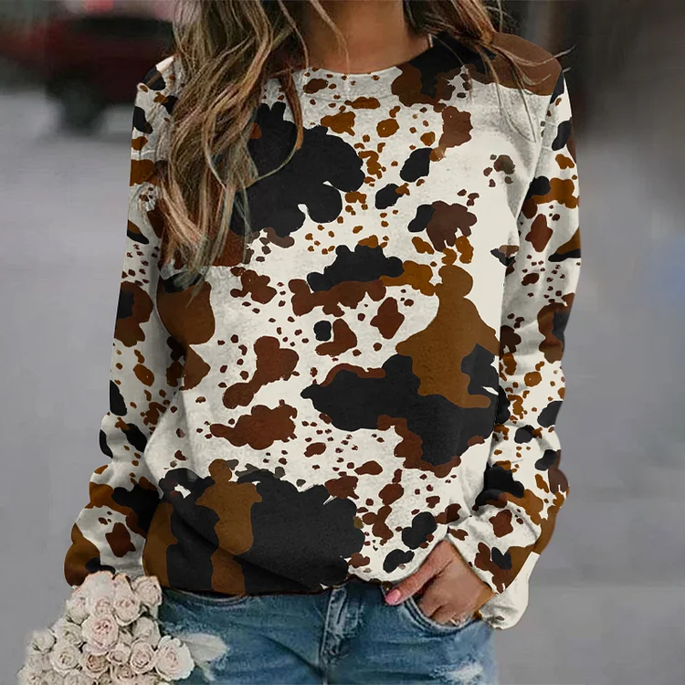 VChics Western Cowhide Printed Round Neck Casual Sweatshirt