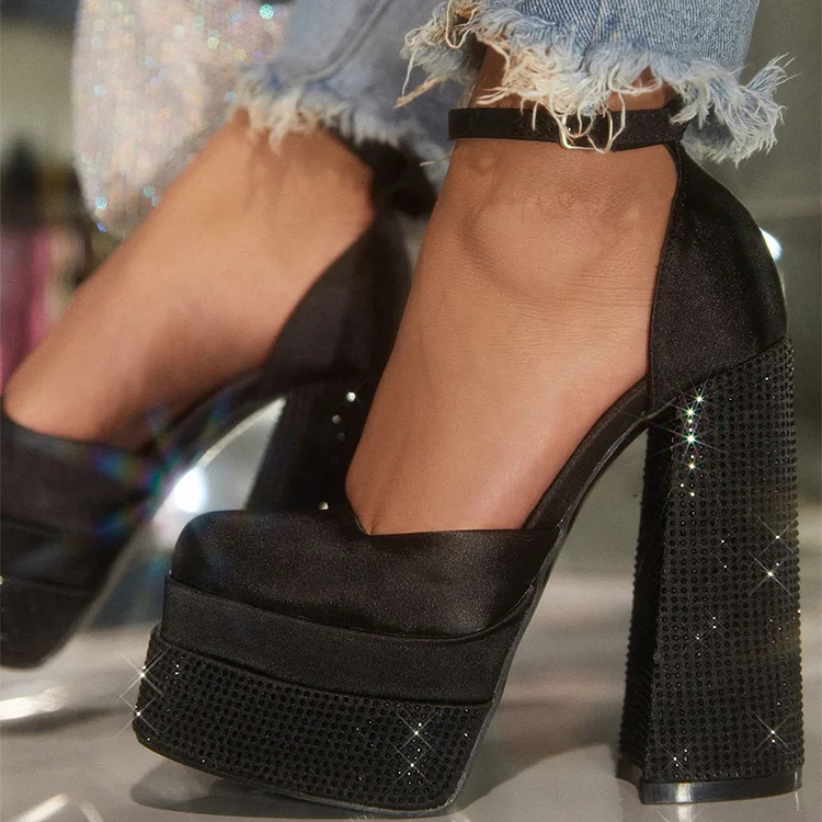 Elegant Black Satin Chunky Heels Square Toe Rhinestone Platform Pumps |FSJ Shoes