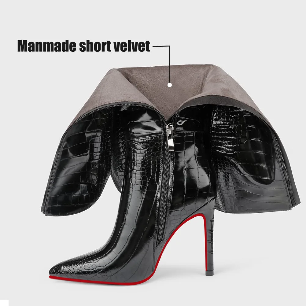 100mm Women's  Knee Boots Croc Leather Red Bottom High Heels Boots-MERUMOTE