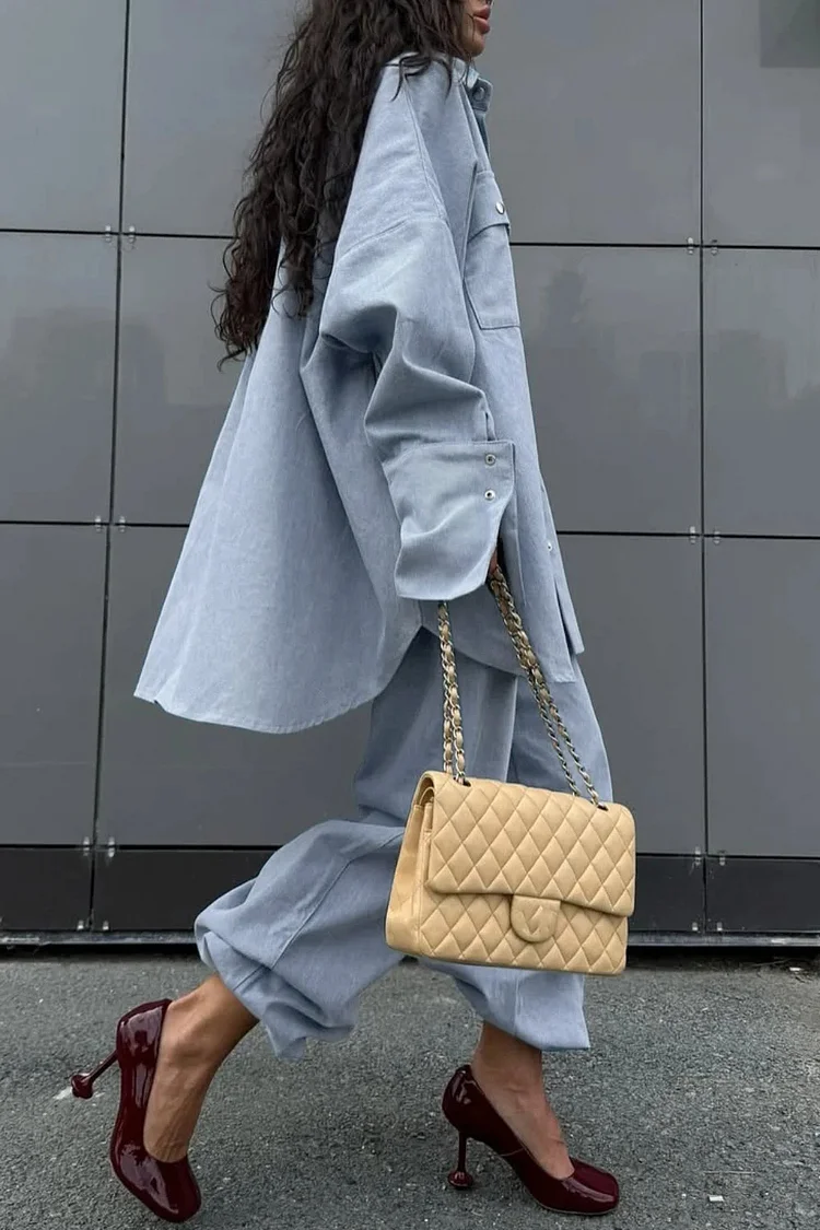 Plus Size Business Casual Light Blue Shirt Collar Long Sleeve Pocket Casual Denim Two Piece Pant Sets [Pre-Order]