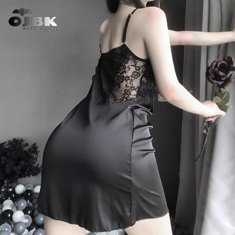 Billionm OJBK Women Nightgown Sleepwear Lingerie Dress Backless Hollow Lace V-neck Satin Nightdress Exotic Apparel  Sleepshirts Plus Size