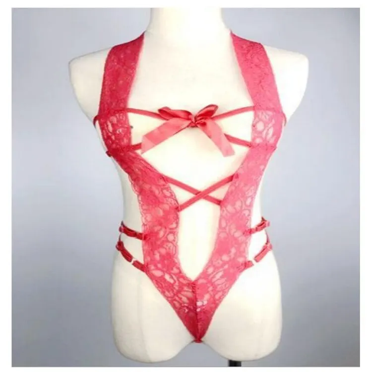 Churchf New Sexy Hollow Open Back Perspective Strap Bow Lace Lace Lingerie Suit