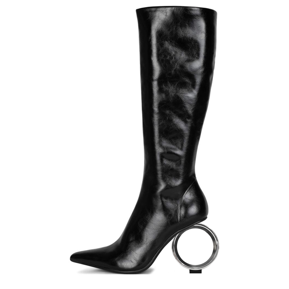 Black Closed Toe Decorative Heel Knee High Boots for Winter Nicepairs