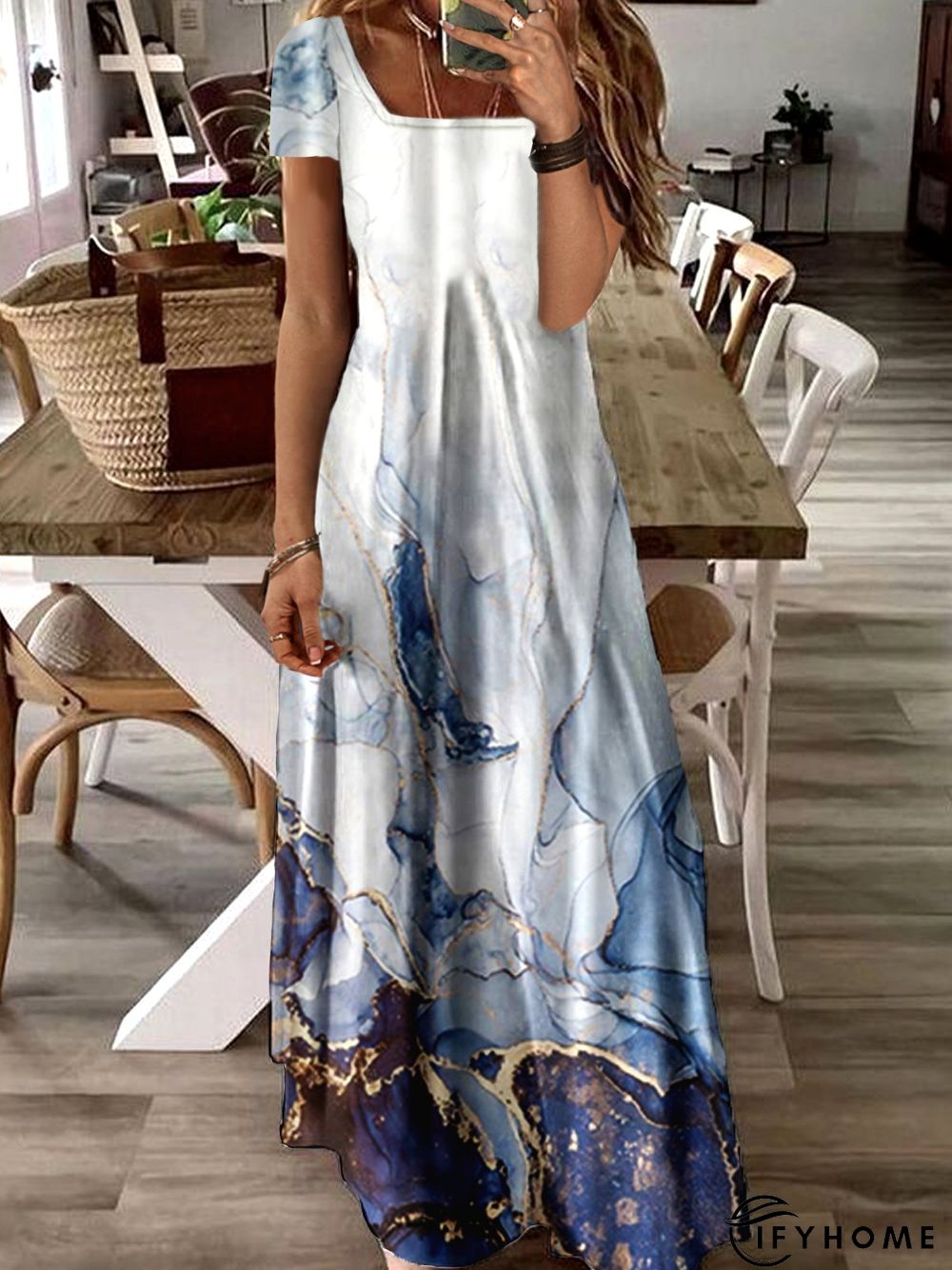 Abstract Short Sleeve Square Neck Casual Dress | IFYHOME